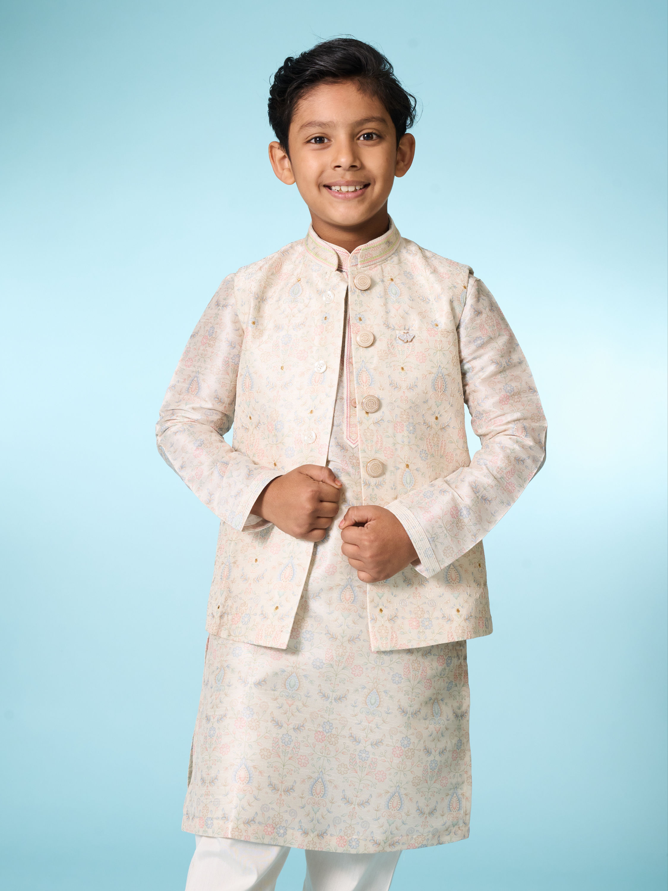 Manyavar Boys Cream Elegance Kurta Jacket Set