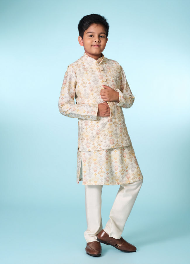 Manyavar Boys Regal Cream Kurta Set Jacket