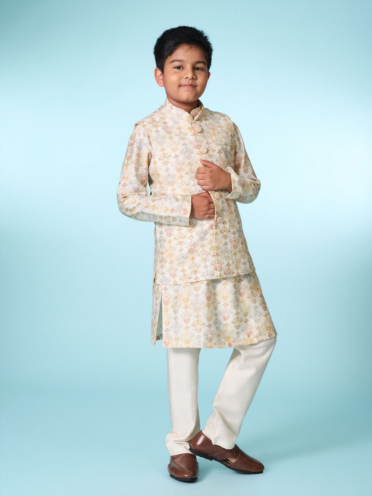 Manyavar Boys Regal Cream Kurta Set Jacket