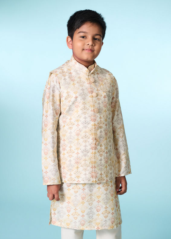 Manyavar Boys Regal Cream Kurta Set Jacket