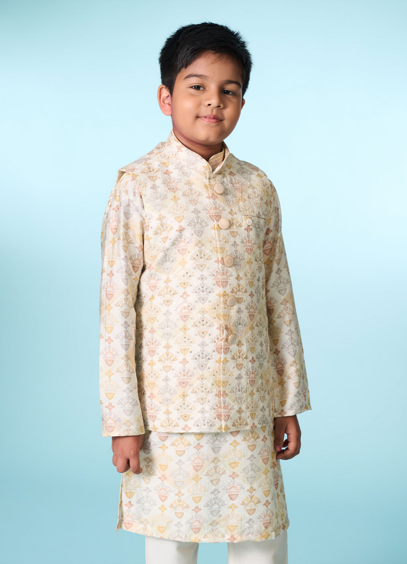 Manyavar Boys Regal Cream Kurta Set Jacket