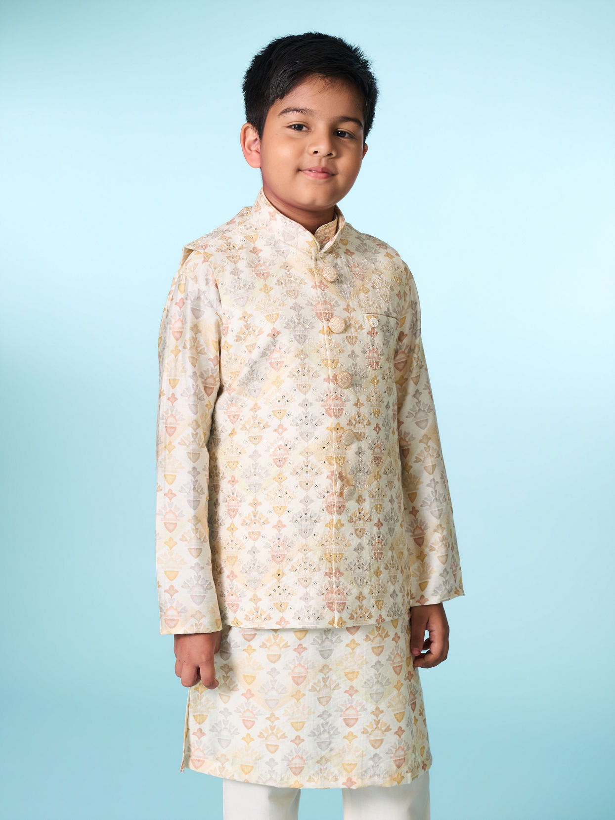 Manyavar Boys Regal Cream Kurta Set Jacket