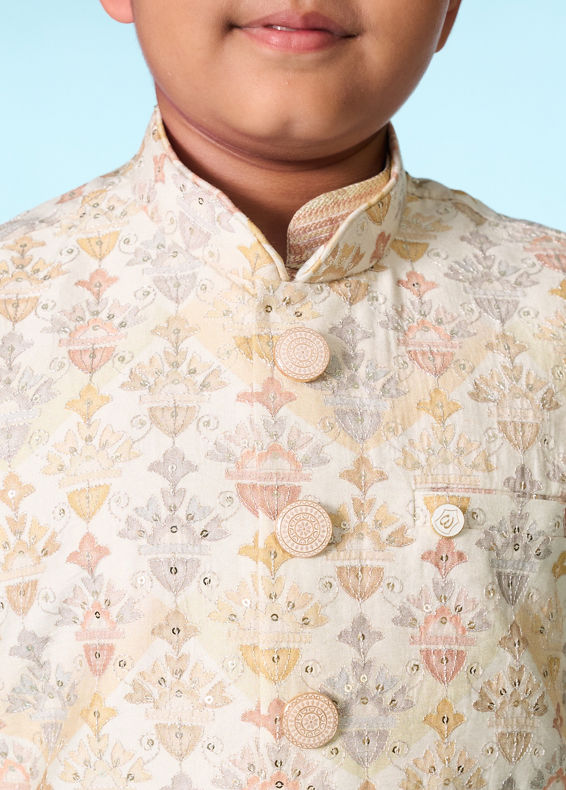 Manyavar Boys Regal Cream Kurta Set Jacket