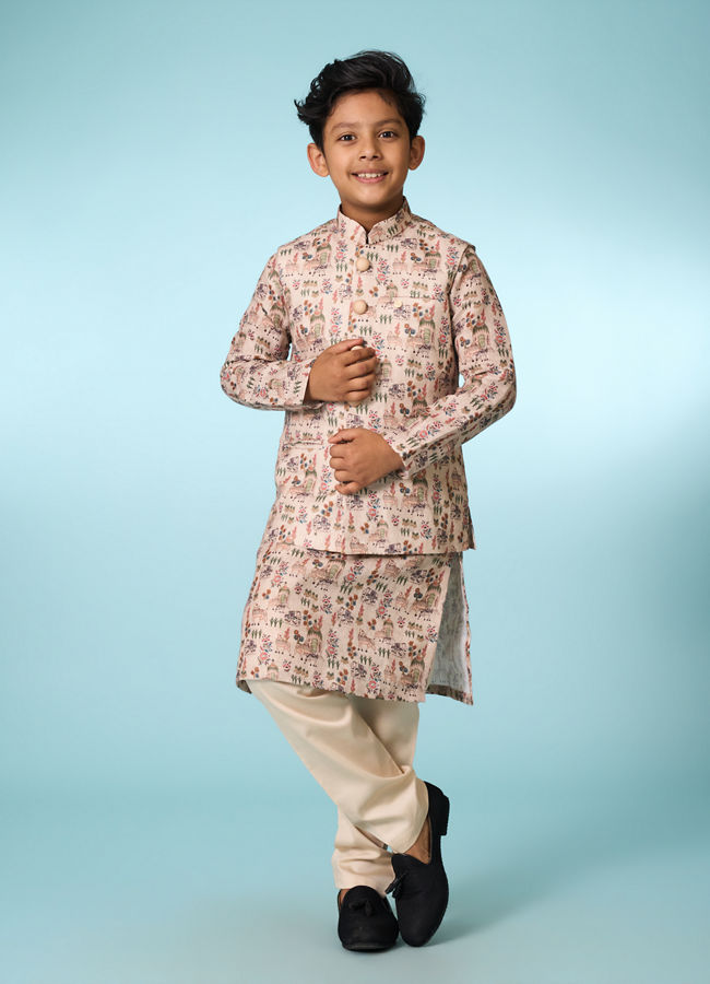 Manyavar Boys Beige Kurta Jacket Set