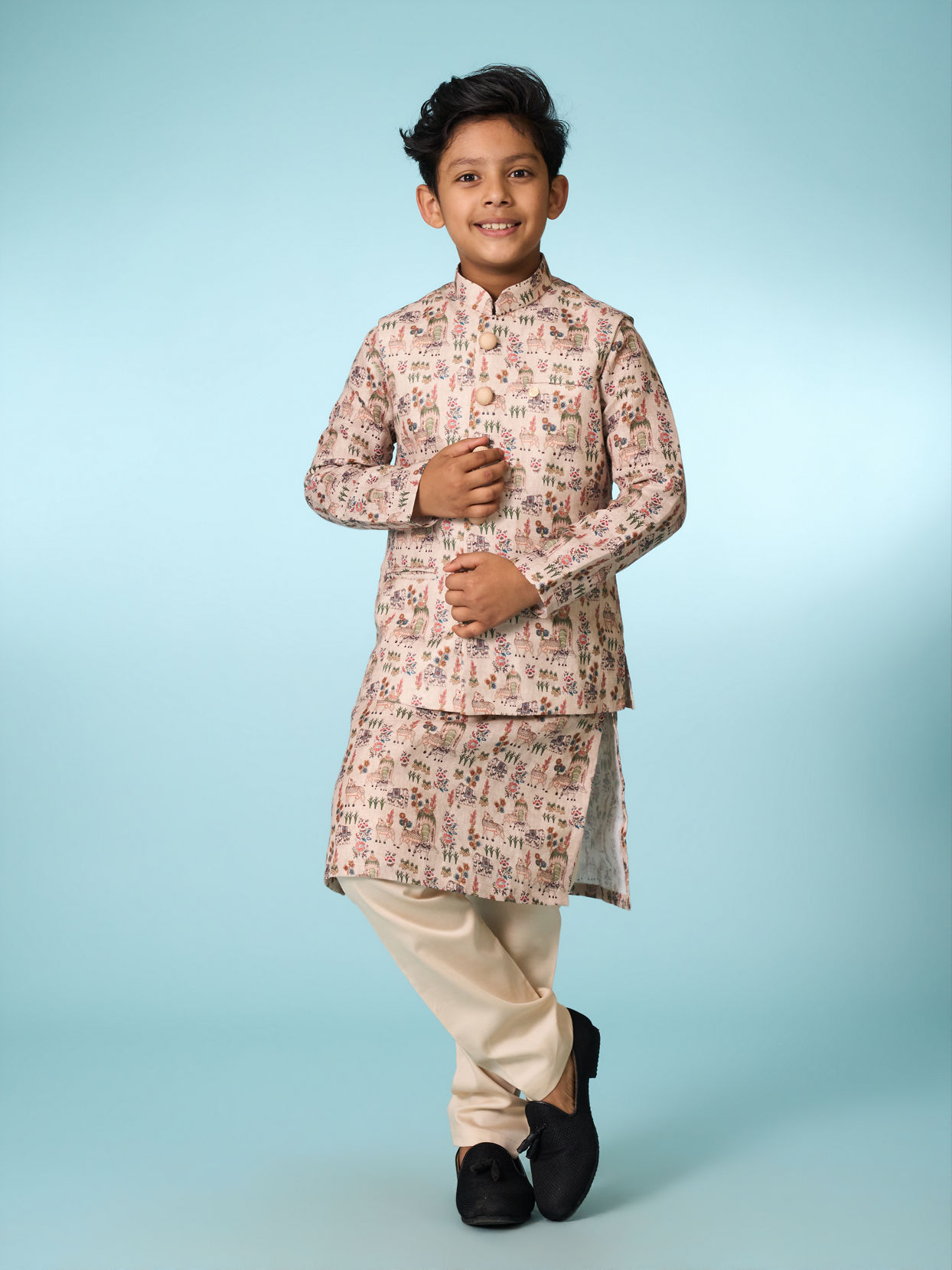Manyavar Boys Beige Kurta Jacket Set