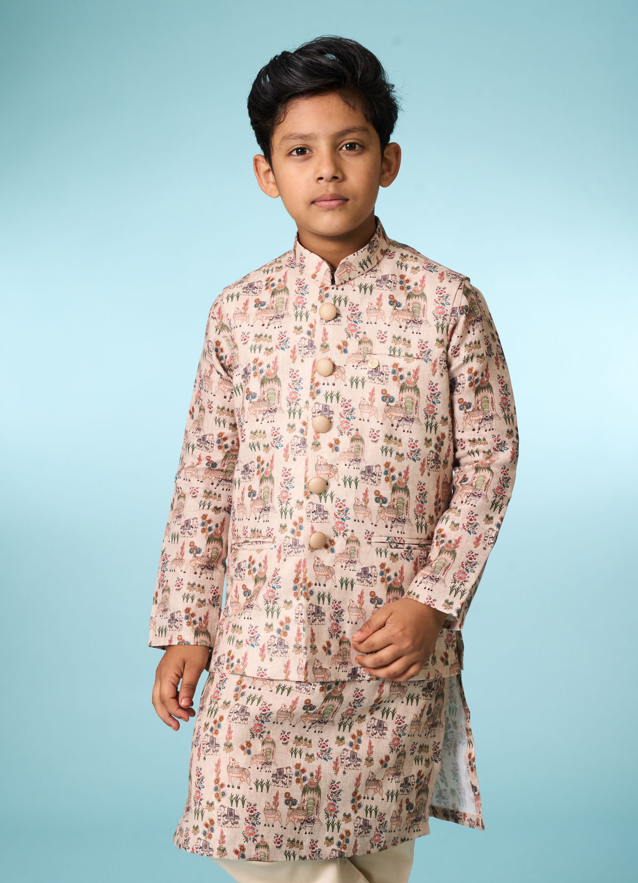 Manyavar Boys Beige Kurta Jacket Set