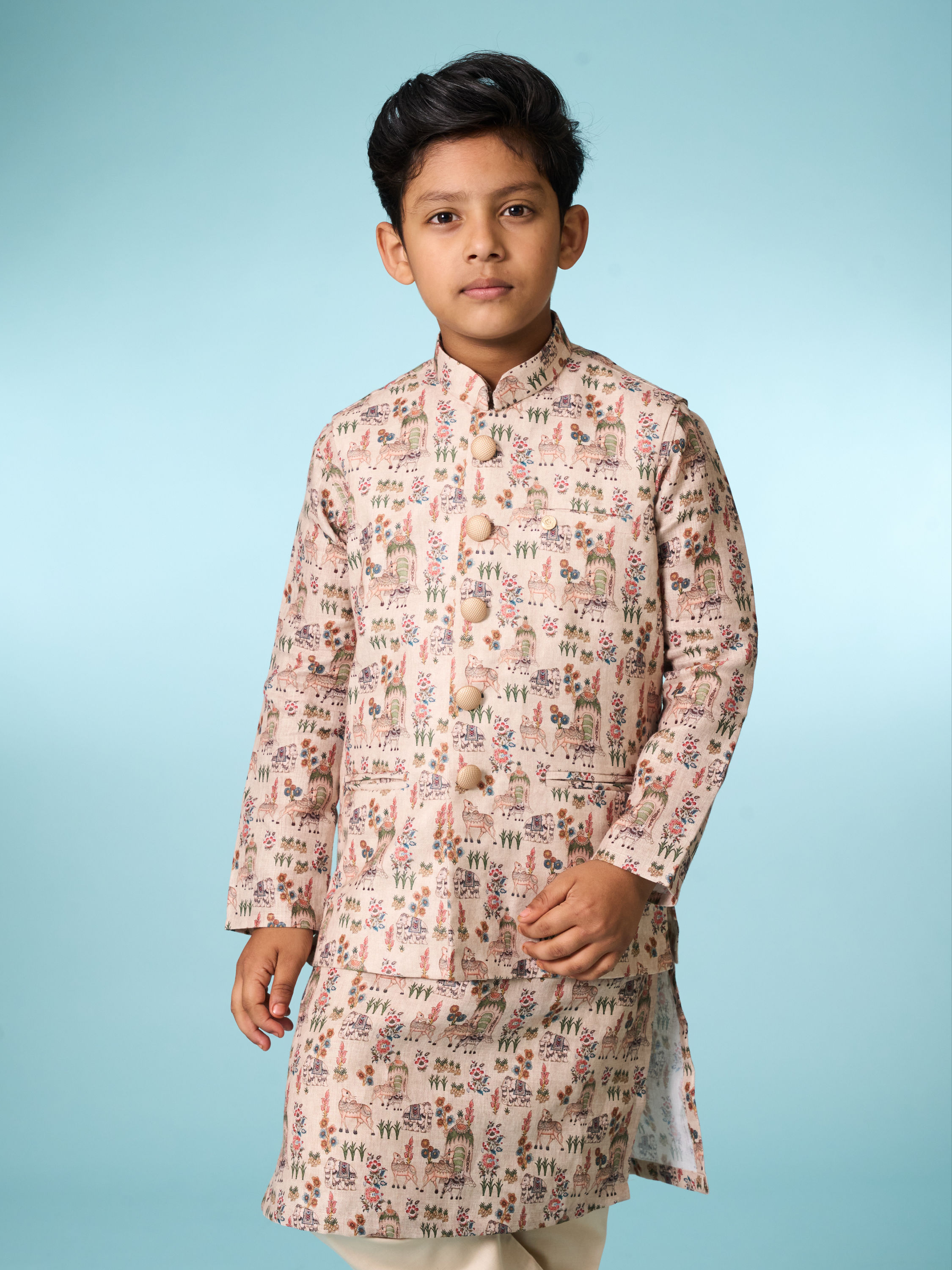 Manyavar Boys Beige Kurta Jacket Set