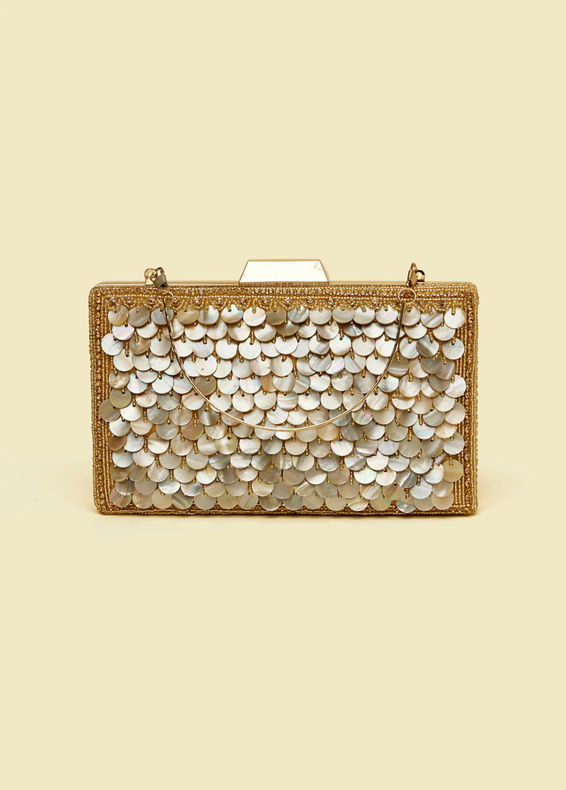 Mohey Women Beige Sequinned Rhinestone Embellished Clutch Bag