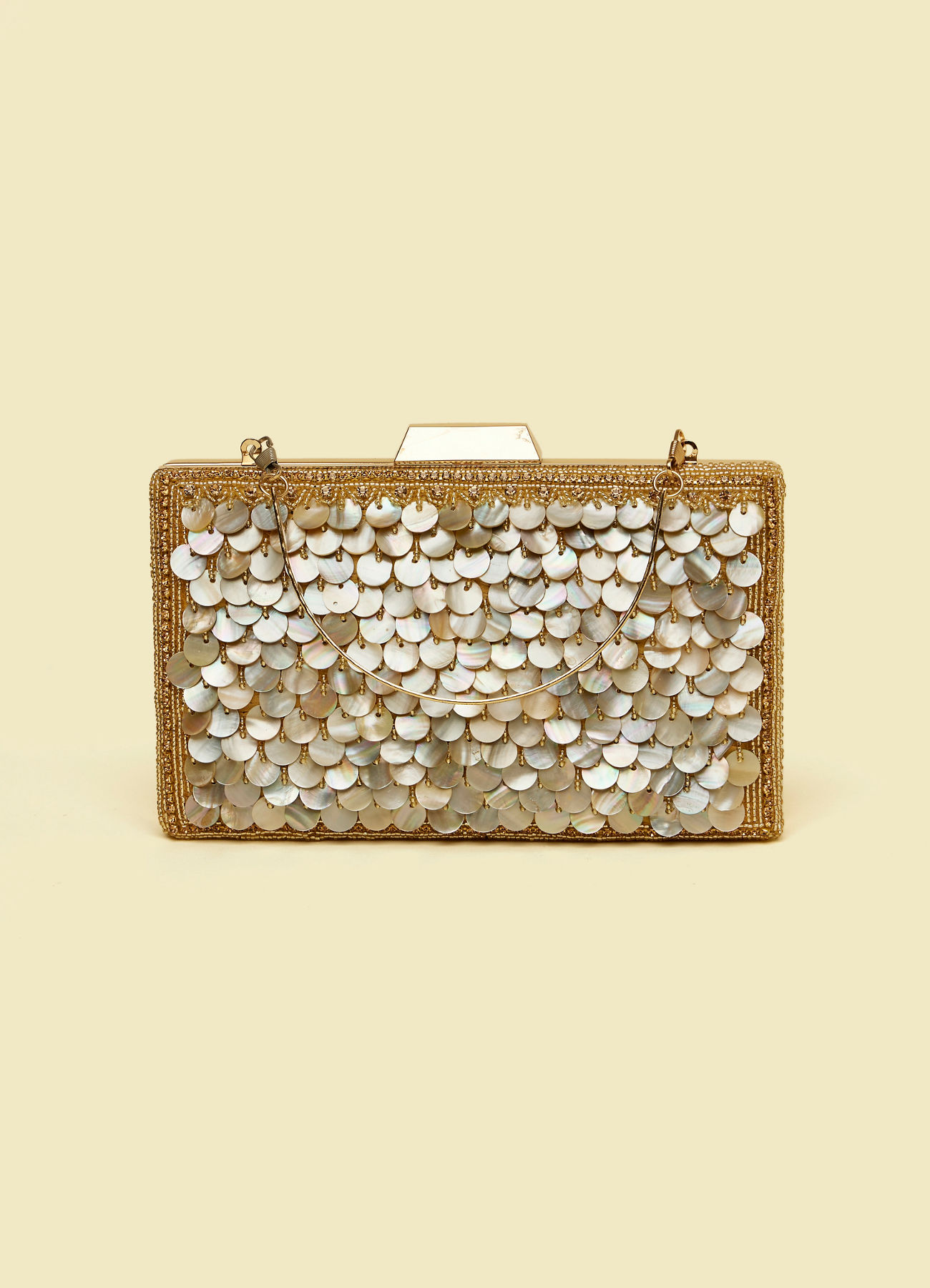 Mohey Women Beige Sequinned Rhinestone Embellished Clutch Bag