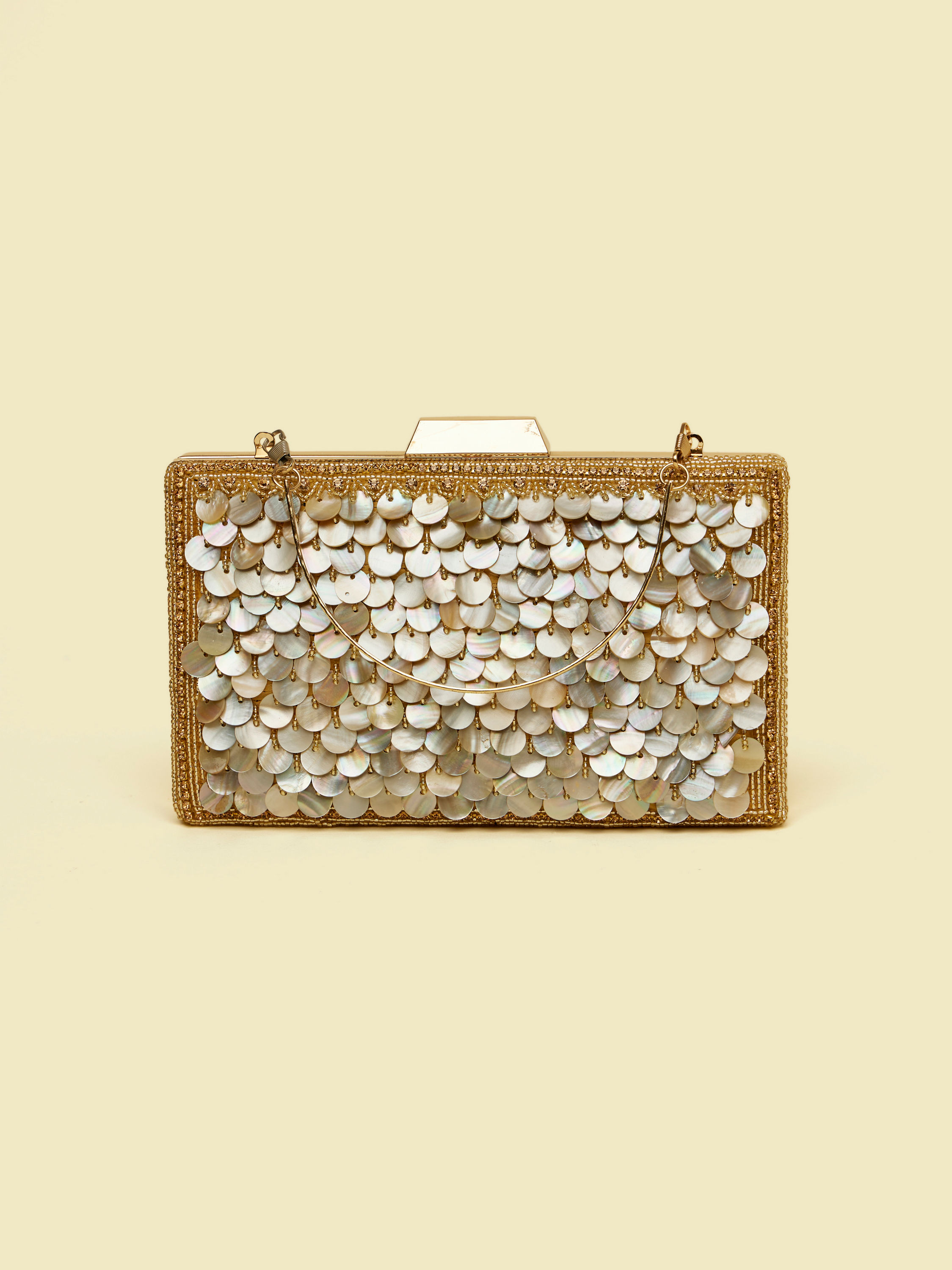 Mohey Women Beige Sequinned Rhinestone Embellished Clutch Bag