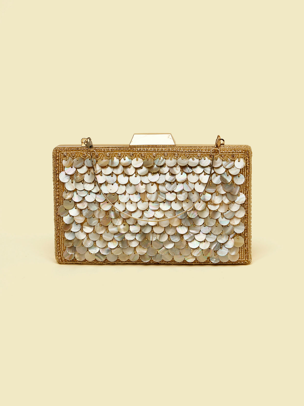 Mohey Women Beige Sequinned Rhinestone Embellished Clutch Bag