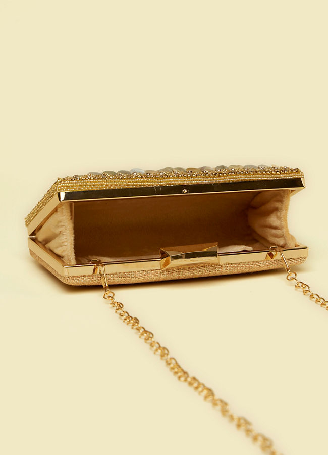 Mohey Women Beige Sequinned Rhinestone Embellished Clutch Bag