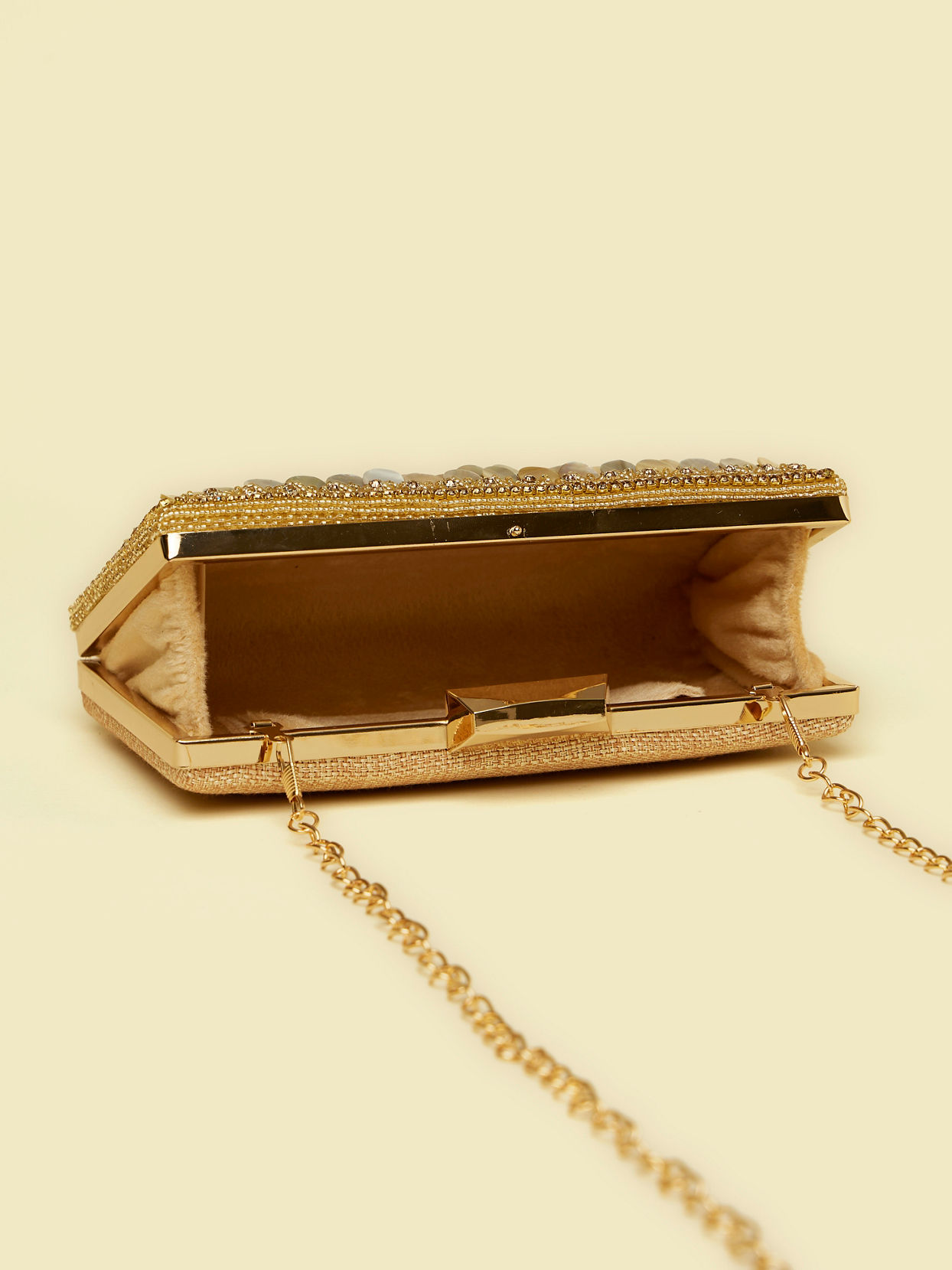 Mohey Women Beige Sequinned Rhinestone Embellished Clutch Bag