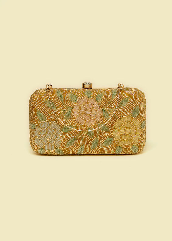 Mohey Women Beige Silk with Hand Embroidery and Moti Work Bag