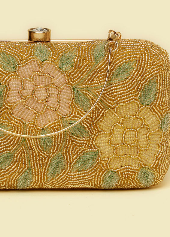 Mohey Women Beige Silk with Hand Embroidery and Moti Work Bag