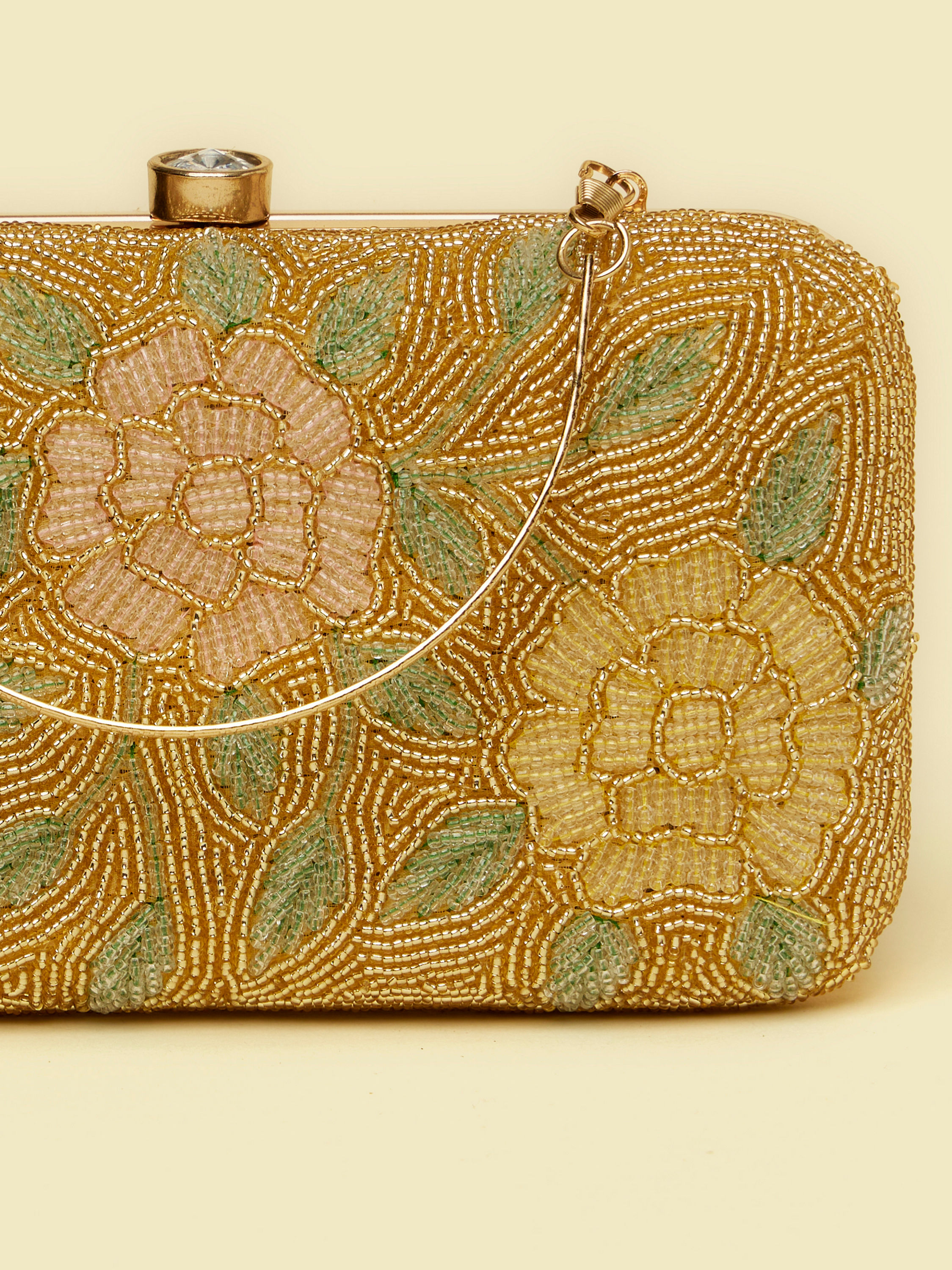 Mohey Women Beige Silk with Hand Embroidery and Moti Work Bag