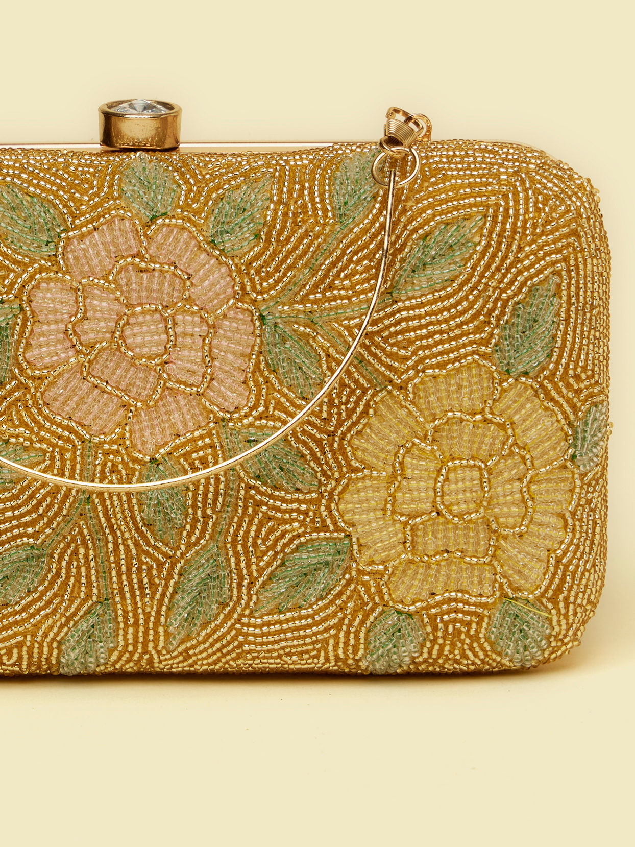 alt message - Mohey Women Beige Silk with Hand Embroidery and Moti Work Bag image number 1