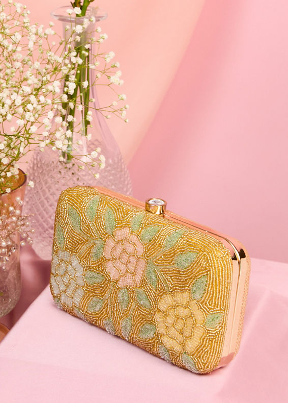 Mohey Women Beige Silk with Hand Embroidery and Moti Work Bag