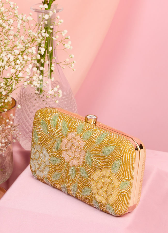 Mohey Women Beige Silk with Hand Embroidery and Moti Work Bag