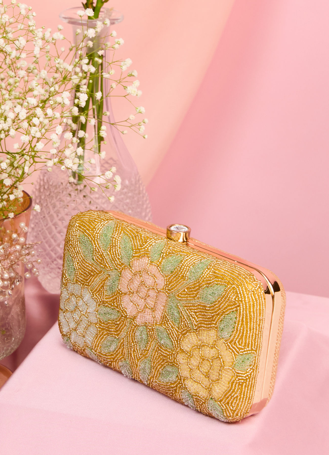 Mohey Women Beige Silk with Hand Embroidery and Moti Work Bag