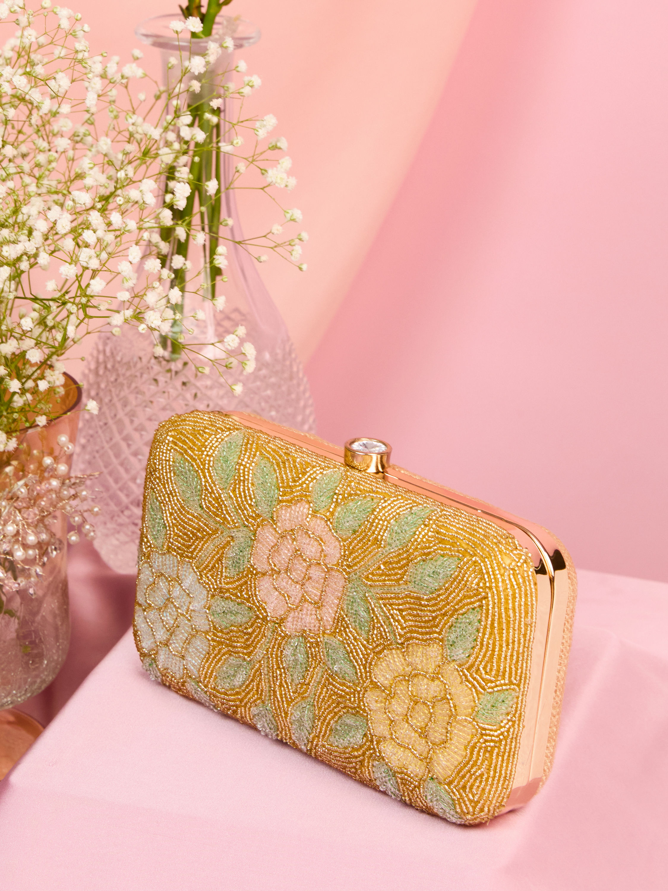 Mohey Women Beige Silk with Hand Embroidery and Moti Work Bag