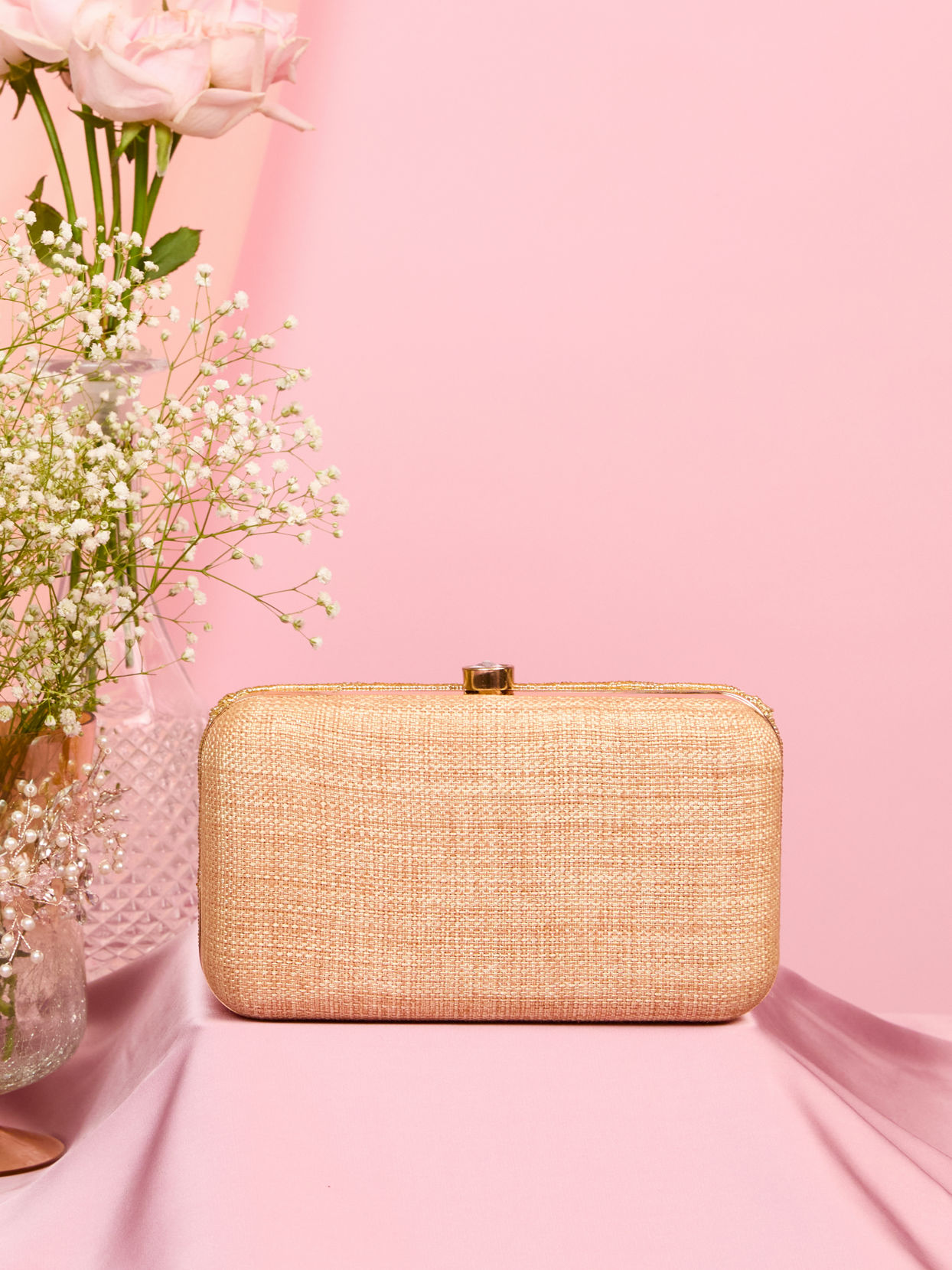 Mohey Women Beige Silk with Hand Embroidery and Moti Work Bag