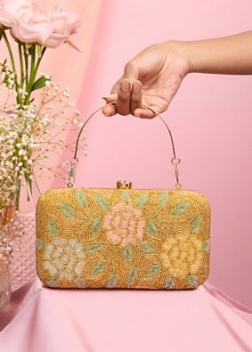 Mohey Women Beige Silk with Hand Embroidery and Moti Work Bag