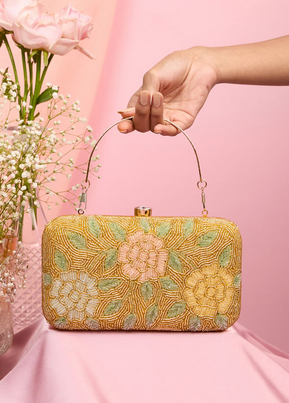 Mohey Women Beige Silk with Hand Embroidery and Moti Work Bag