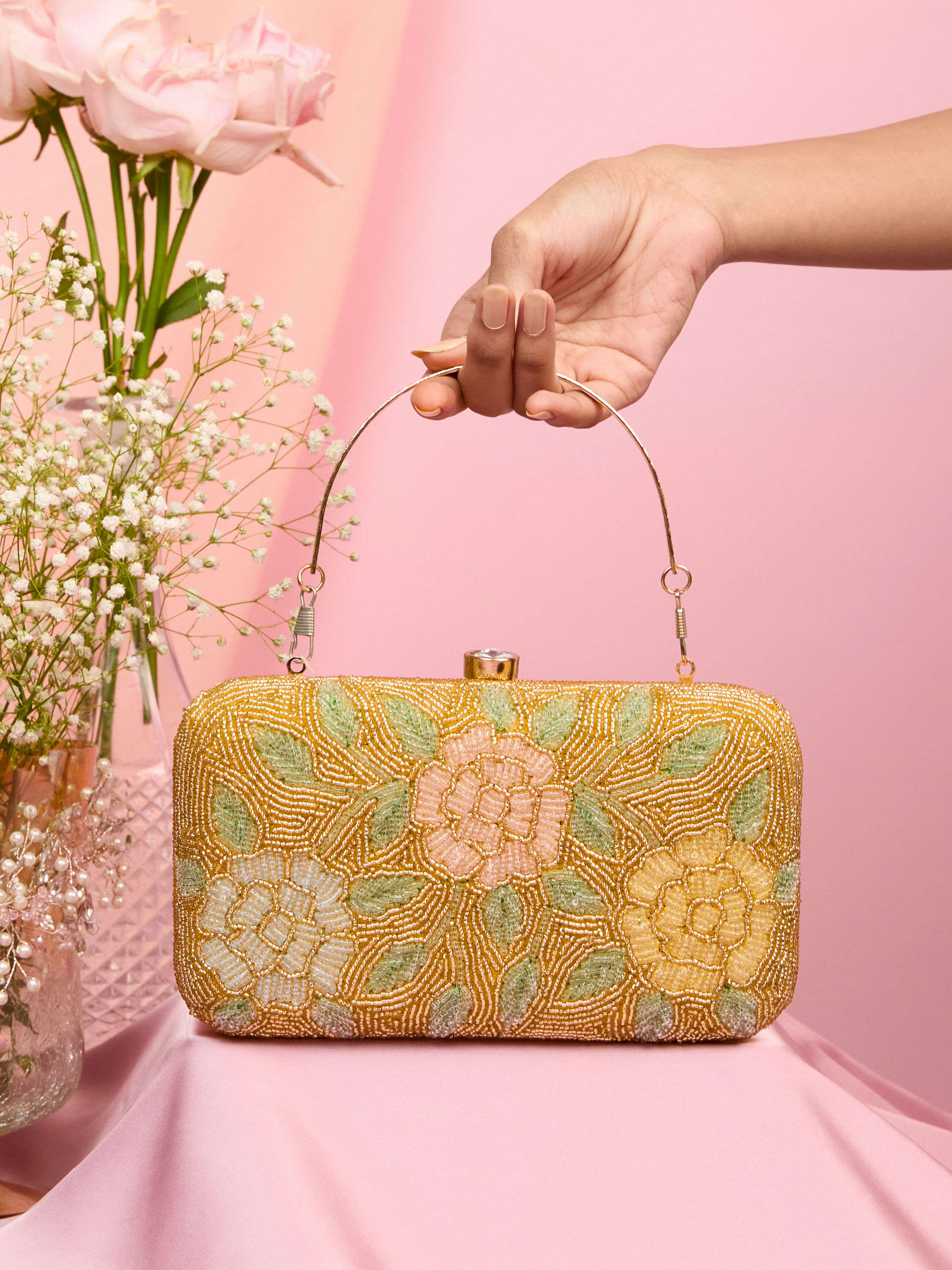 Mohey Women Beige Silk with Hand Embroidery and Moti Work Bag