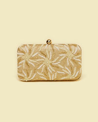 Mohey Women Beige Pearl Embellished Clutch Bag with Bead Work
