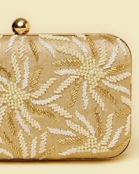 Mohey Women Beige Pearl Embellished Clutch Bag with Bead Work
