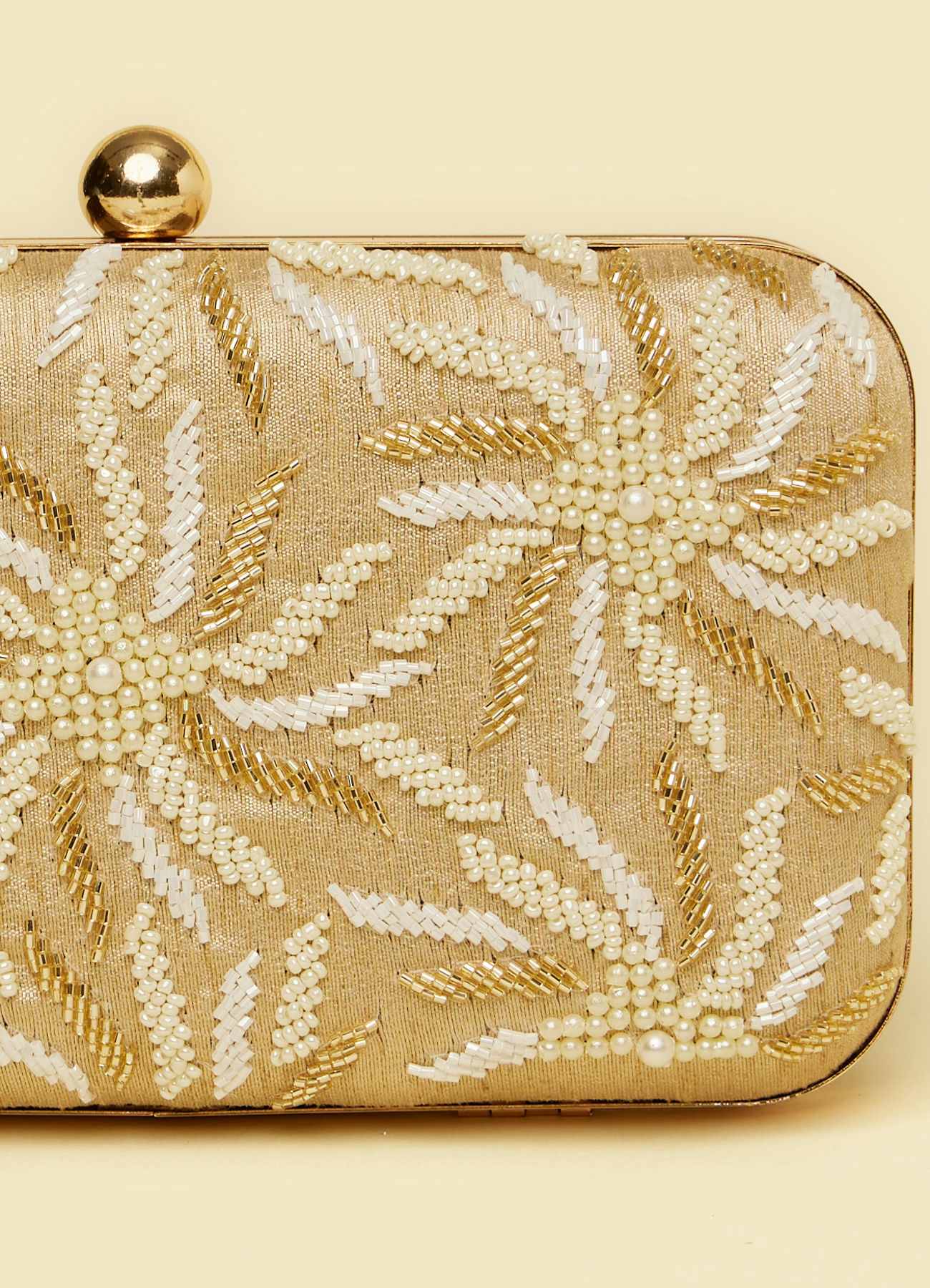 Mohey Women Beige Pearl Embellished Clutch Bag with Bead Work