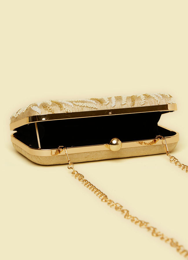 Mohey Women Beige Pearl Embellished Clutch Bag with Bead Work