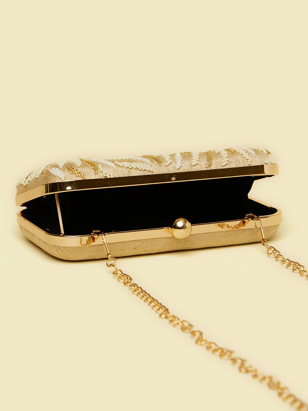 Mohey Women Beige Pearl Embellished Clutch Bag with Bead Work