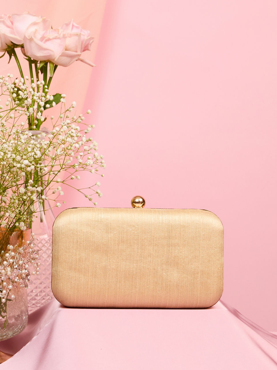 Mohey Women Beige Pearl Embellished Clutch Bag with Bead Work