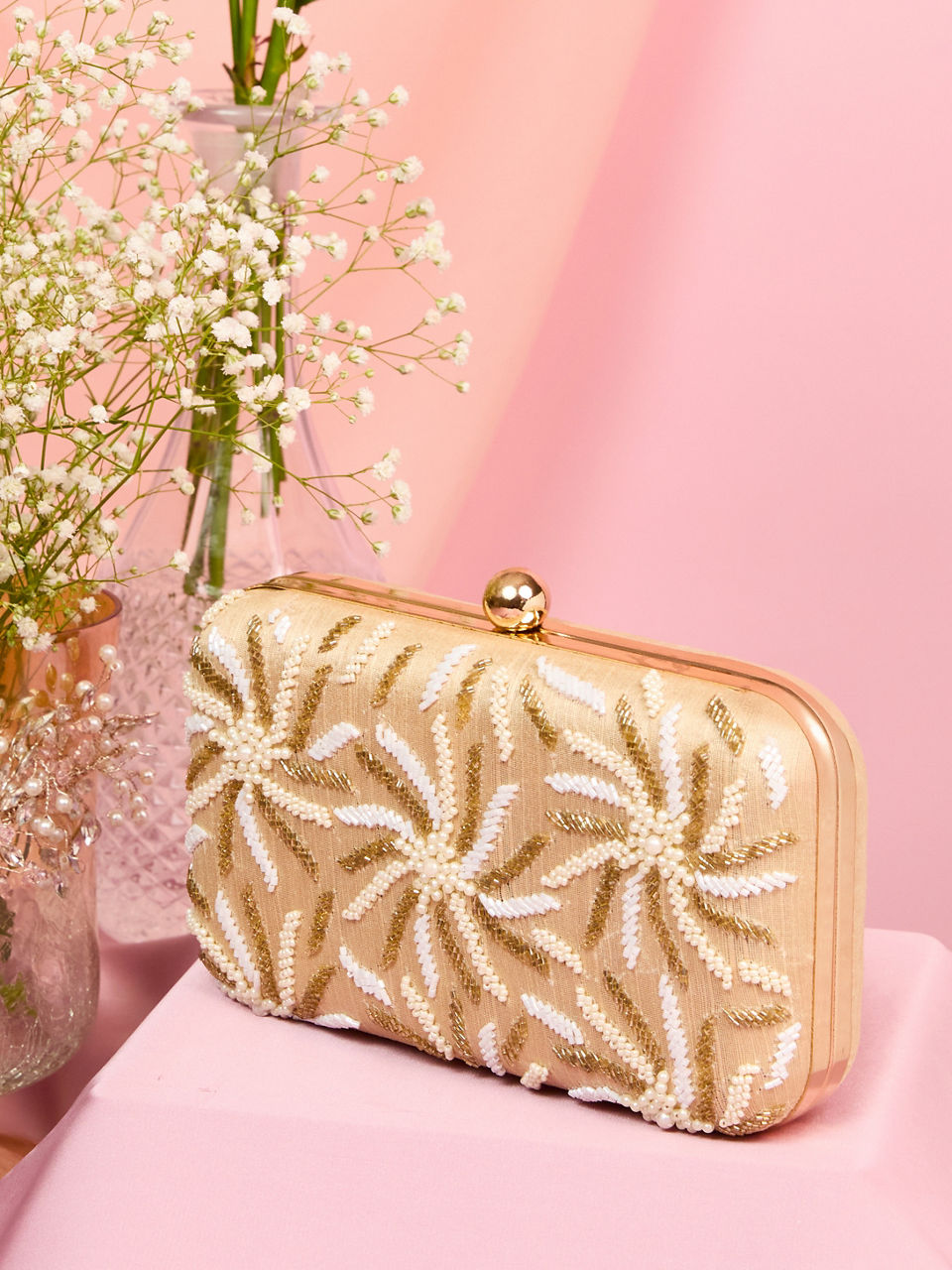 Mohey Women Beige Pearl Embellished Clutch Bag with Bead Work