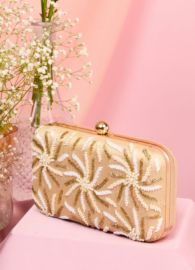 Mohey Women Beige Pearl Embellished Clutch Bag with Bead Work