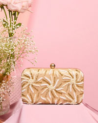 Mohey Women Beige Pearl Embellished Clutch Bag with Bead Work