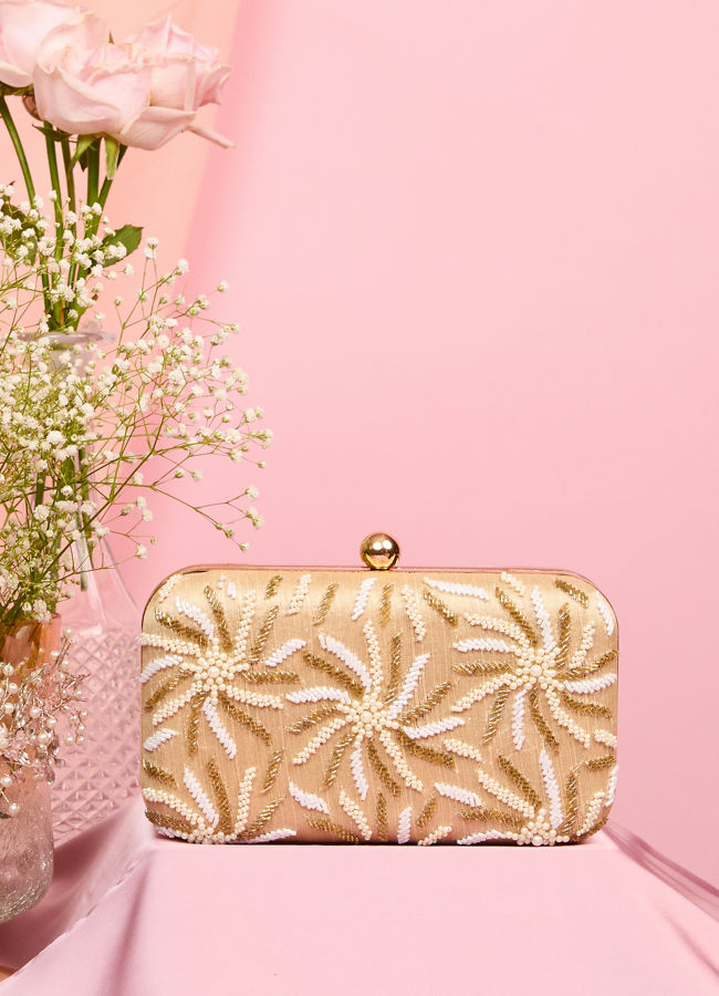 Mohey Women Beige Pearl Embellished Clutch Bag with Bead Work