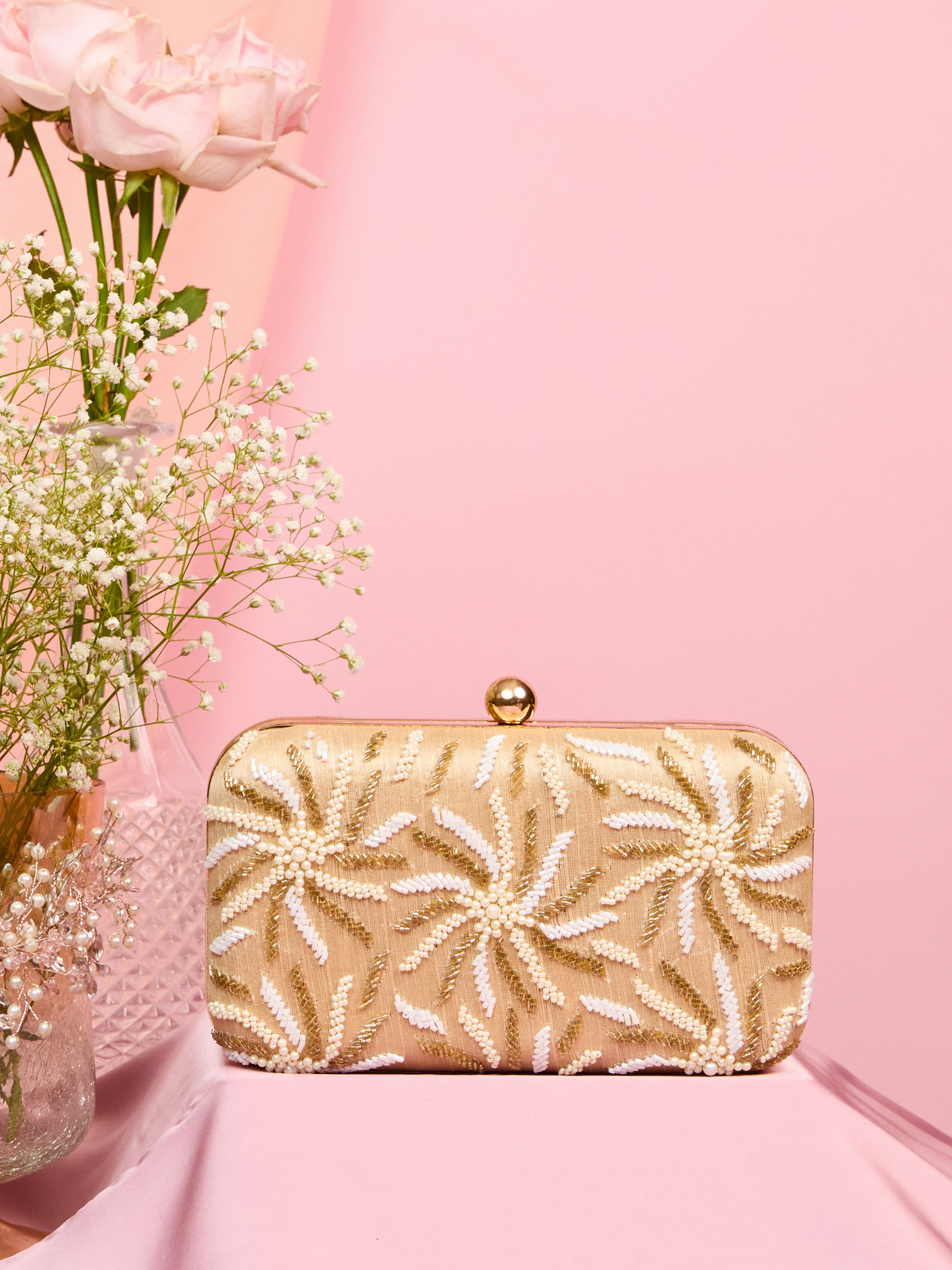 Mohey Women Beige Pearl Embellished Clutch Bag with Bead Work