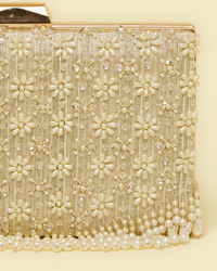 Mohey Women Dark Cream Pearl Embellished Clutch Bag with Bead Work