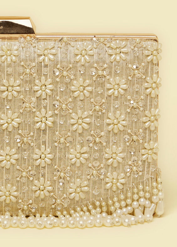 Mohey Women Dark Cream Pearl Embellished Clutch Bag with Bead Work