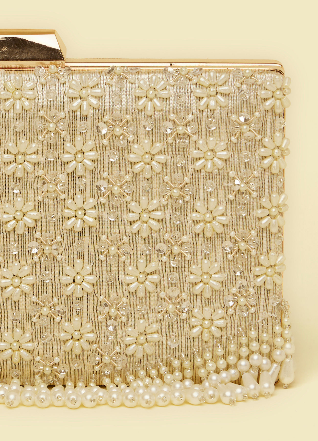Mohey Women Dark Cream Pearl Embellished Clutch Bag with Bead Work