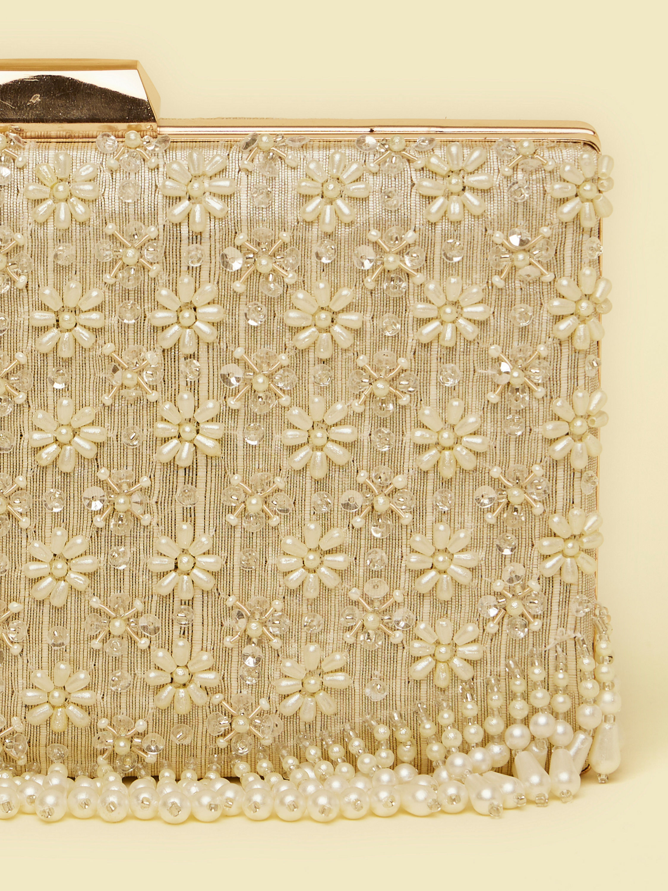 Mohey Women Dark Cream Pearl Embellished Clutch Bag with Bead Work