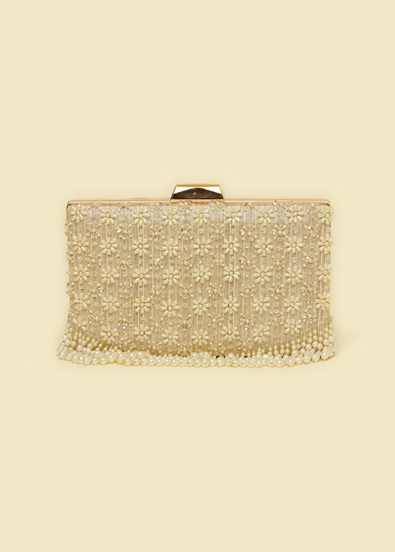 Mohey Women Dark Cream Pearl Embellished Clutch Bag with Bead Work