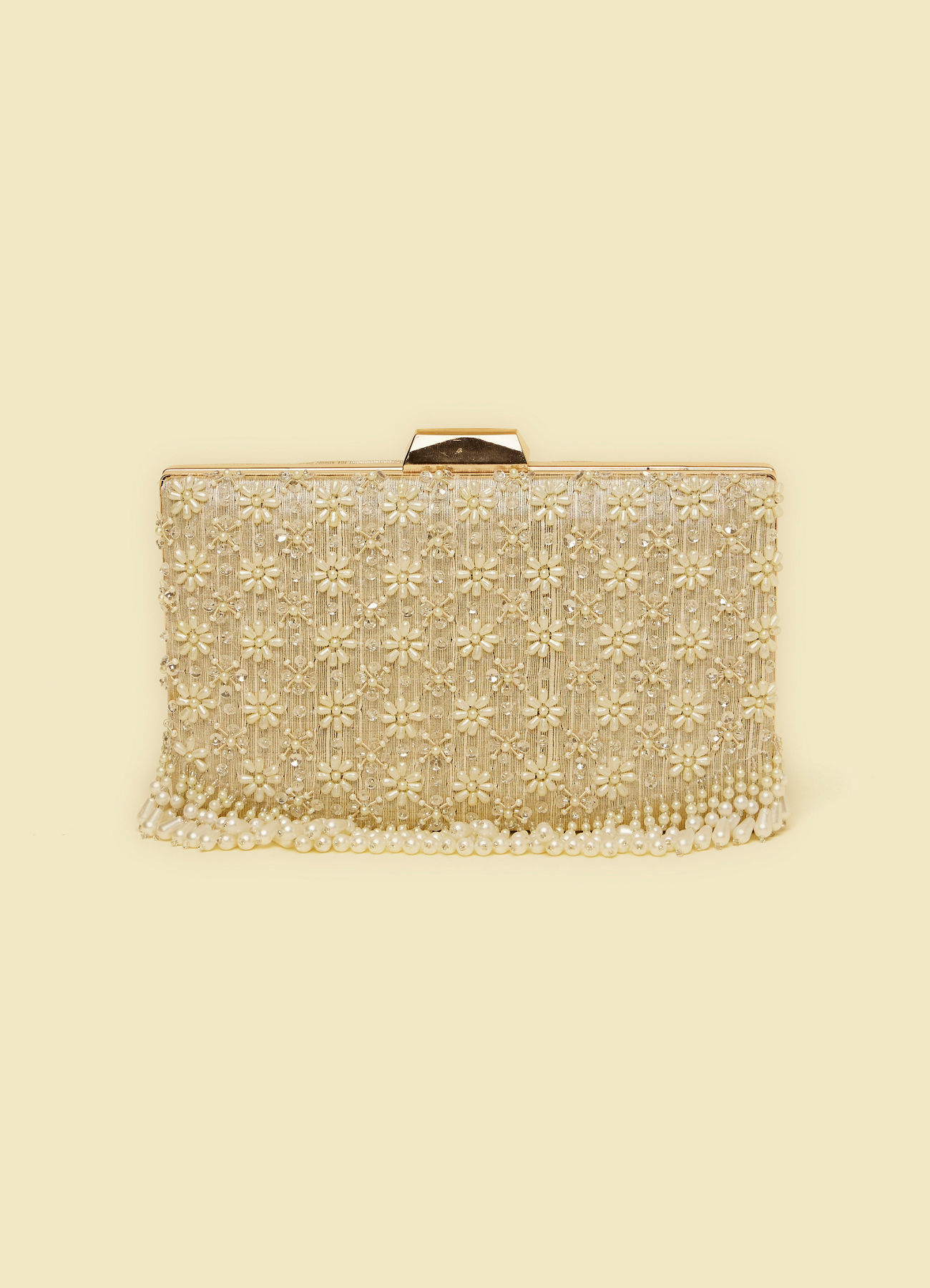 Mohey Women Dark Cream Pearl Embellished Clutch Bag with Bead Work