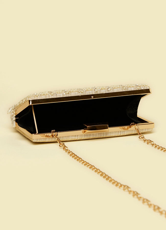Mohey Women Dark Cream Pearl Embellished Clutch Bag with Bead Work