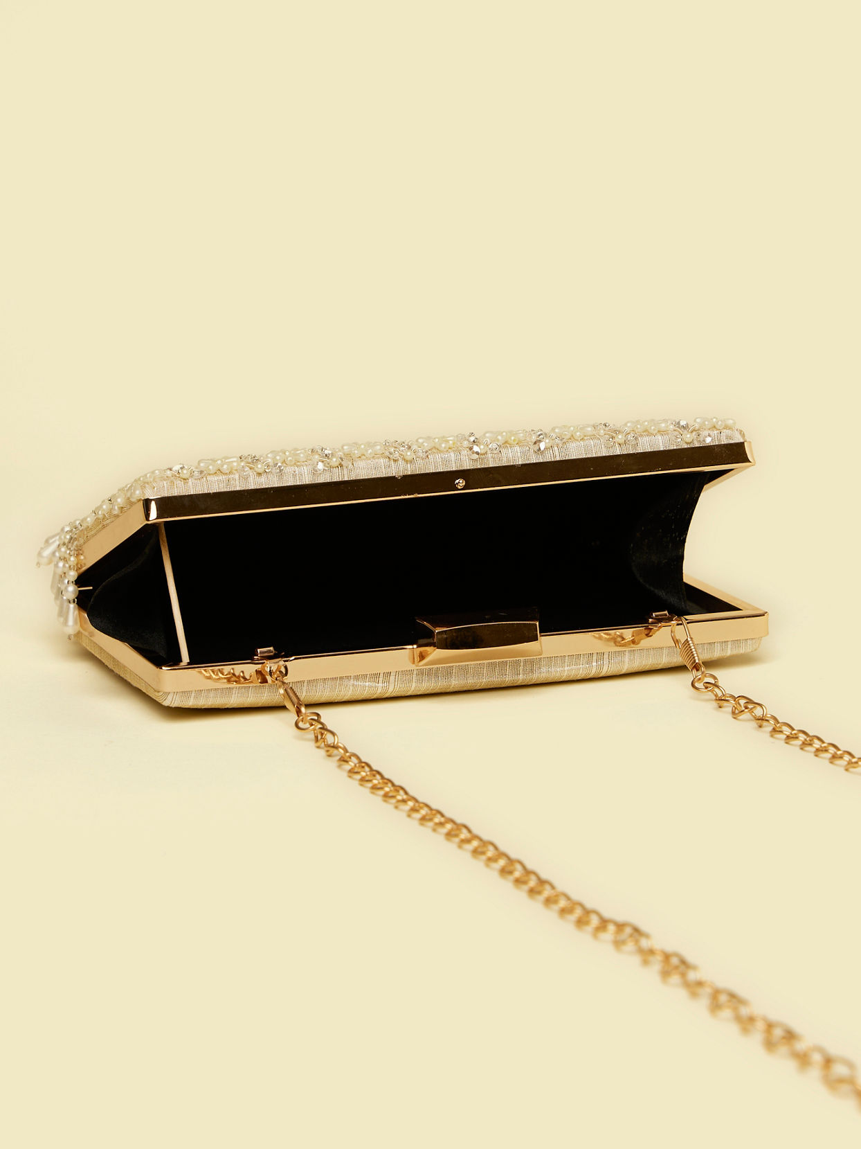Mohey Women Dark Cream Pearl Embellished Clutch Bag with Bead Work