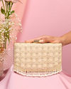 Mohey Women Dark Cream Pearl Embellished Clutch Bag with Bead Work