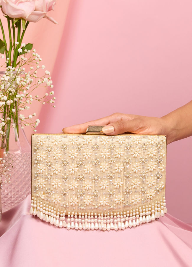 Mohey Women Dark Cream Pearl Embellished Clutch Bag with Bead Work